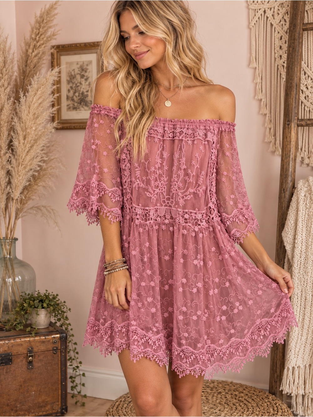 Umgee Mauve Off-Shoulder Lace Mini Dress